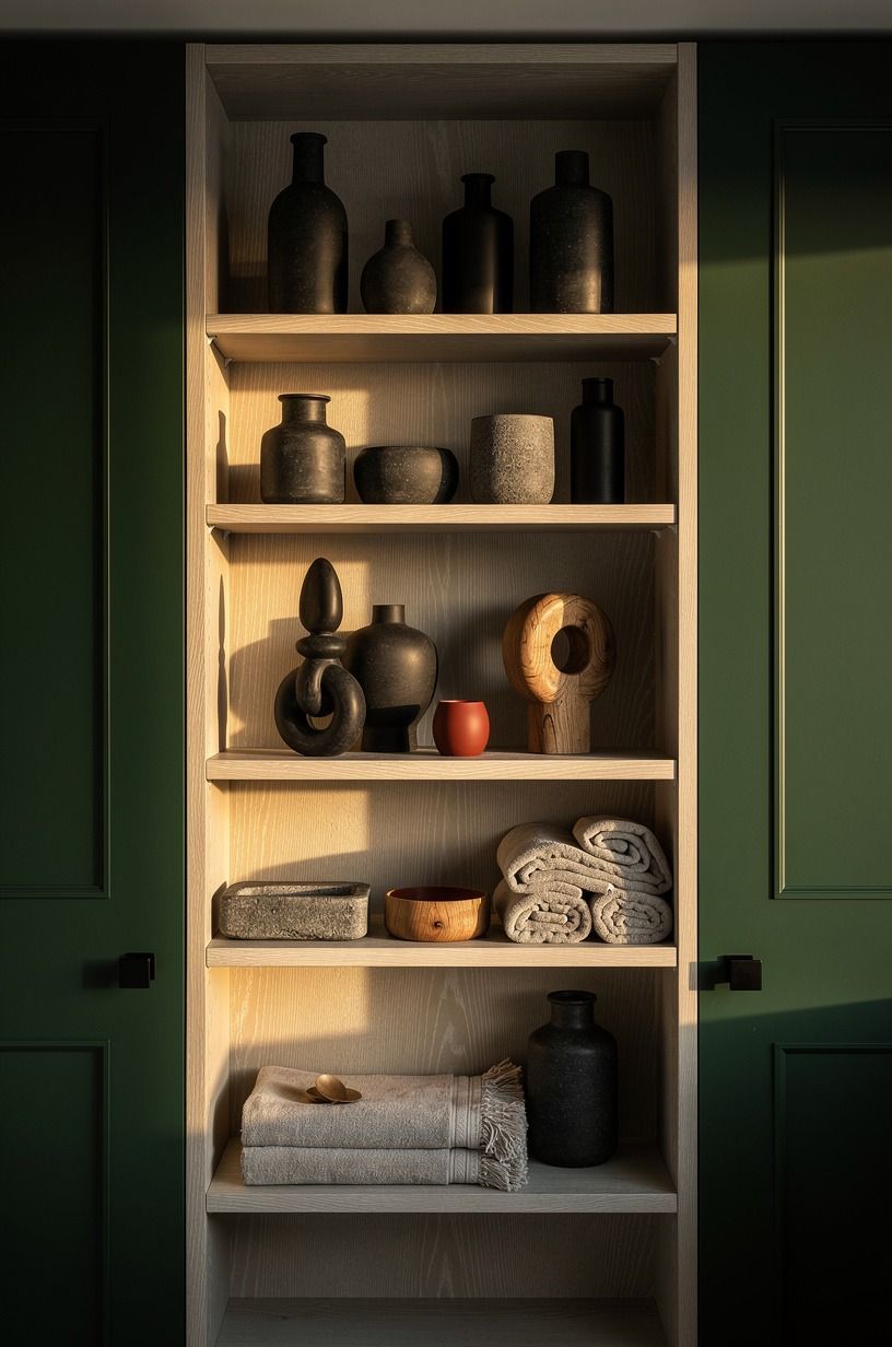 Style open shelves with charcoal ceramics
