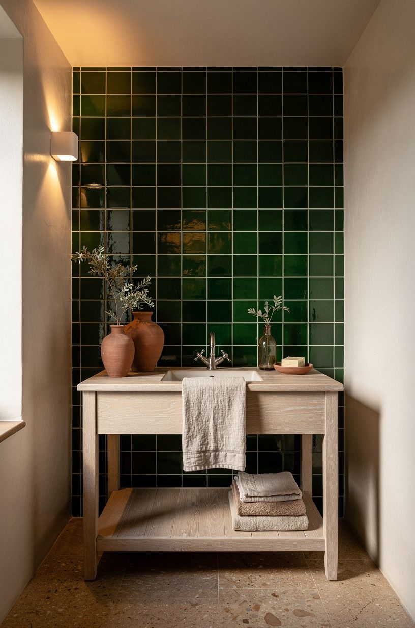 Mix glazed tiles with matte plaster