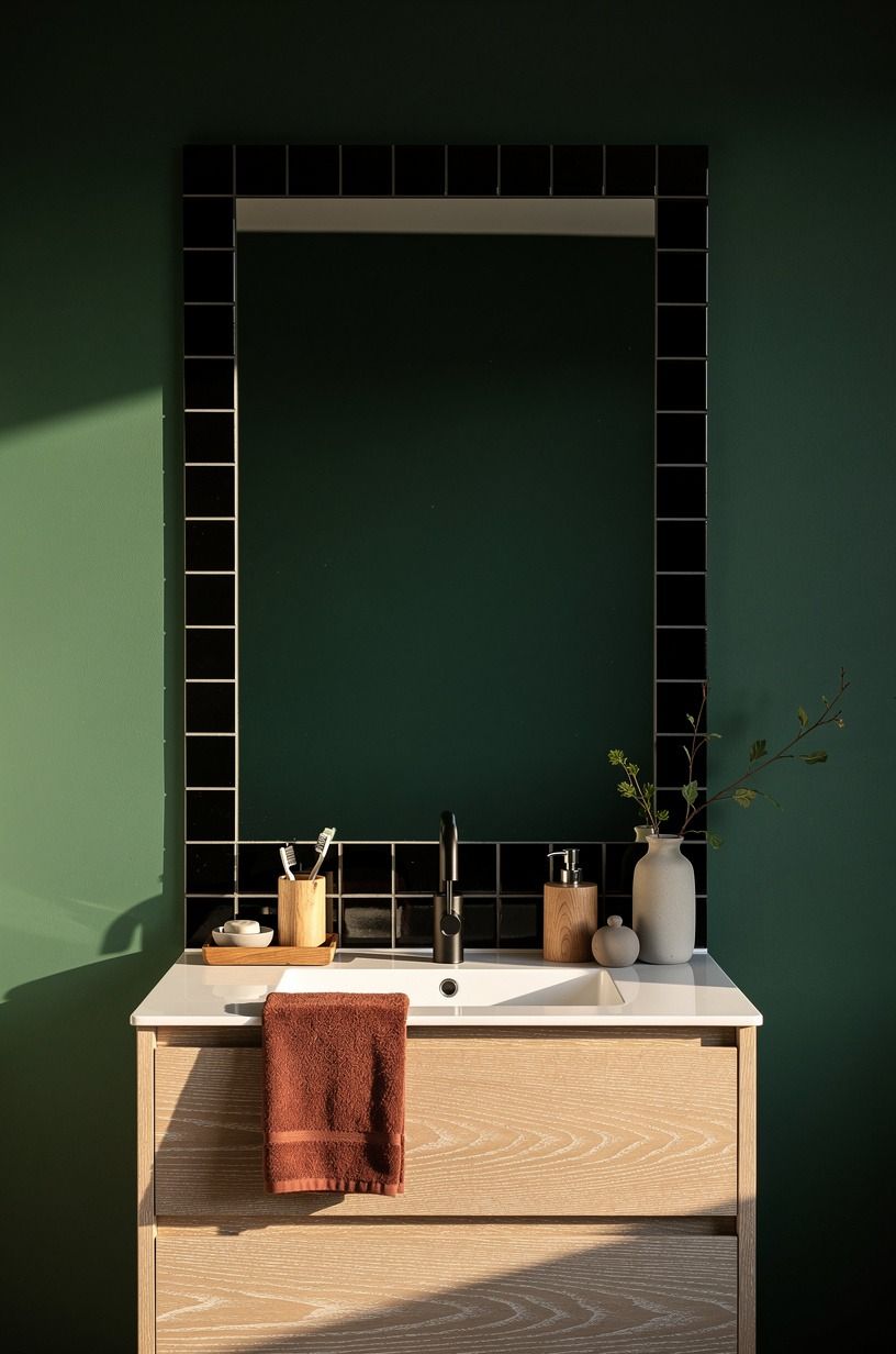 Anchor the mirror with a tiled black frame