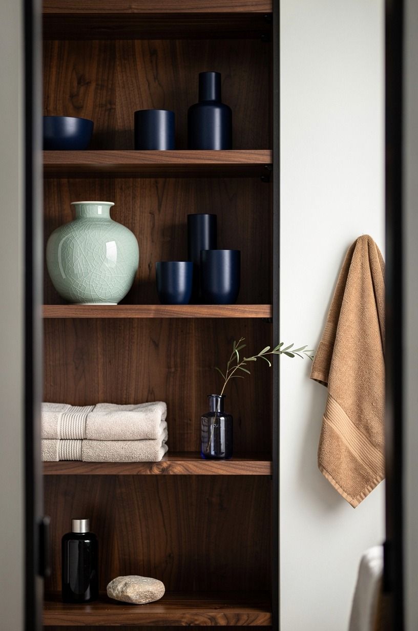 Style open shelves with navy ceramics