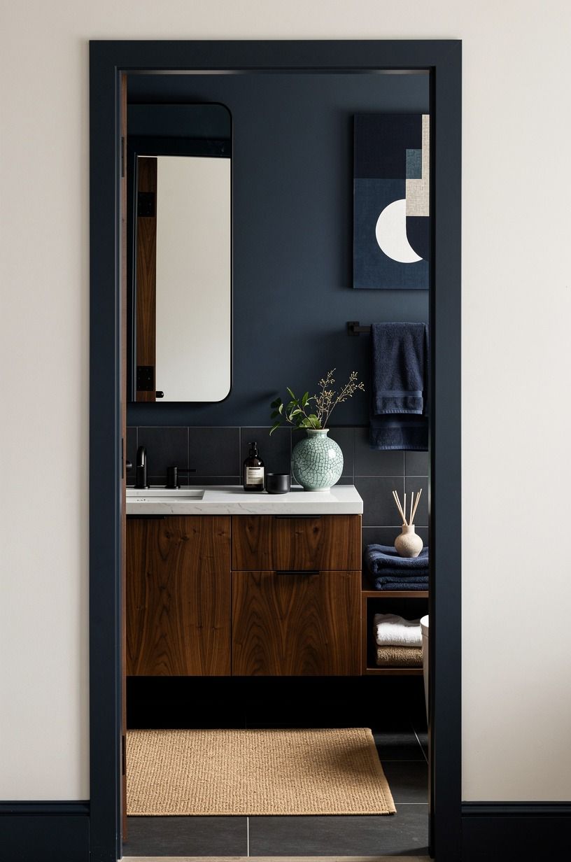 Repeat navy through towels, art, and trim