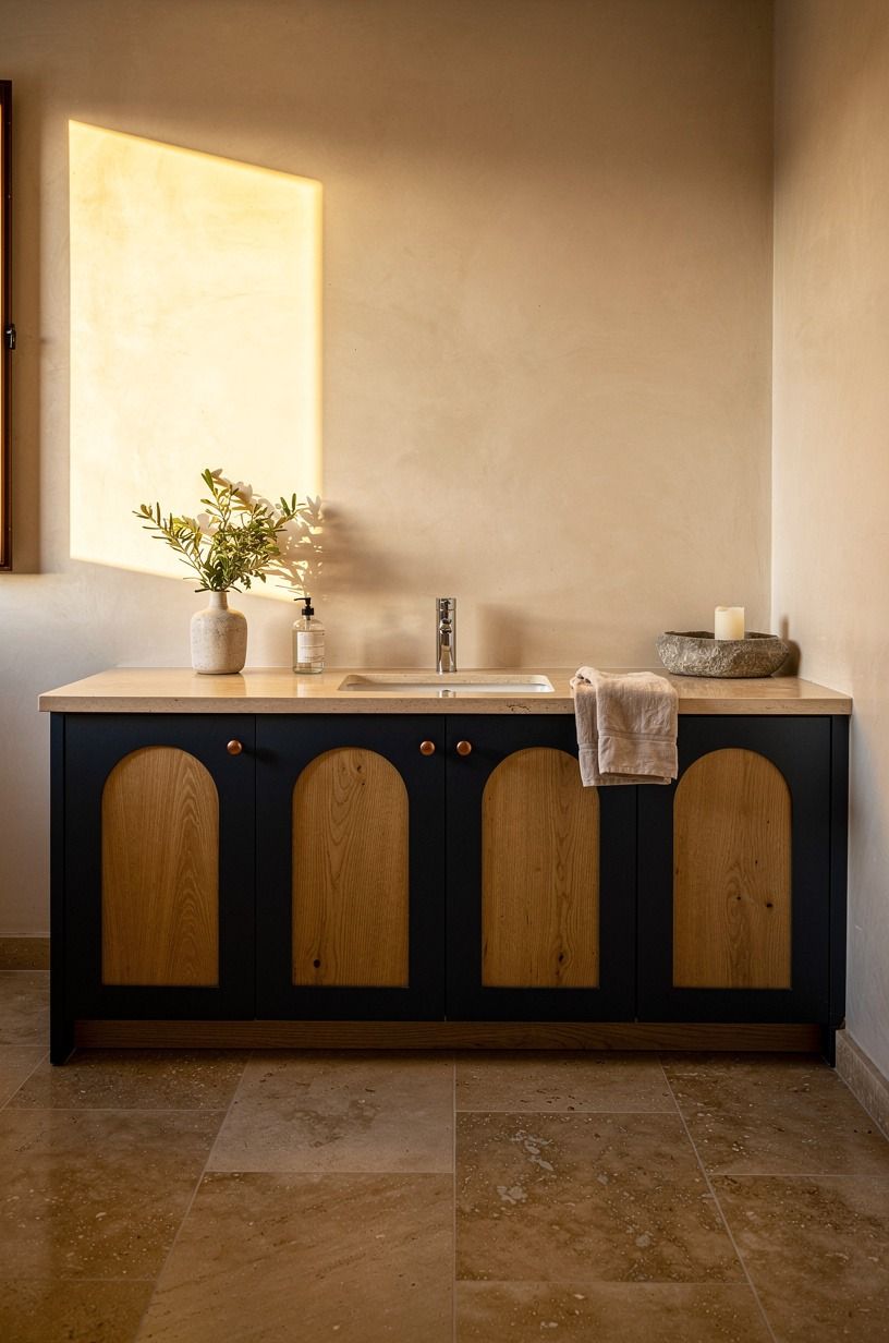 Soften corners with arched cabinet doors