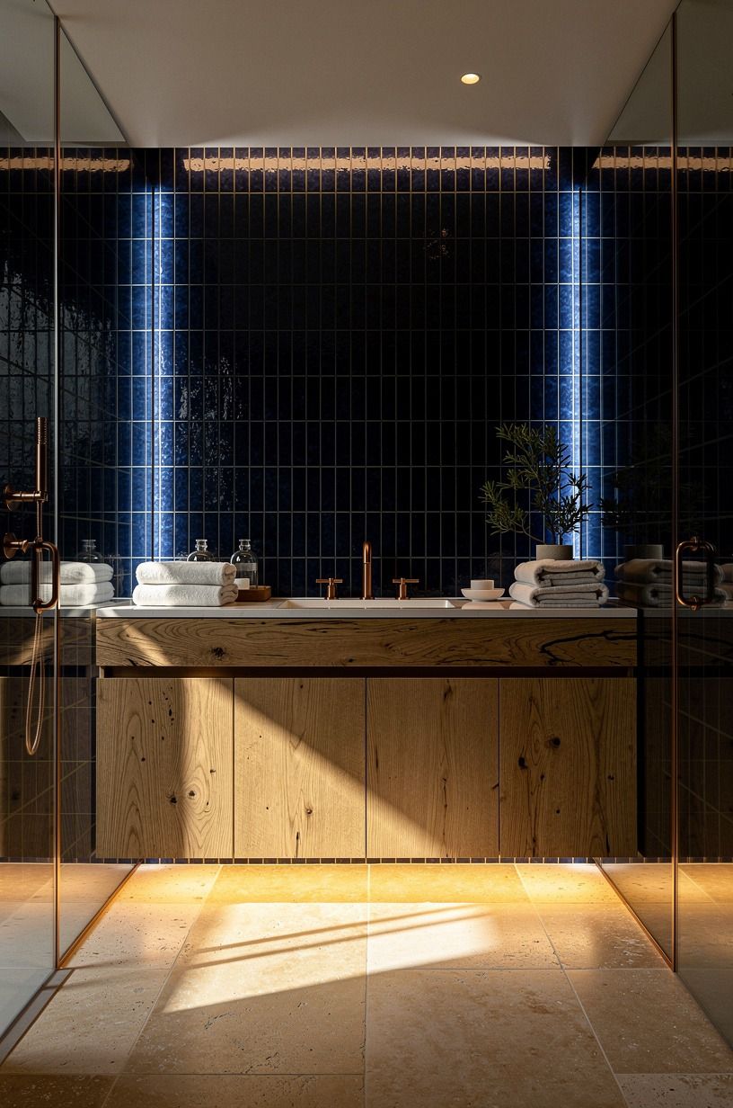 Backlight sapphire tiles for a jewel-box shower