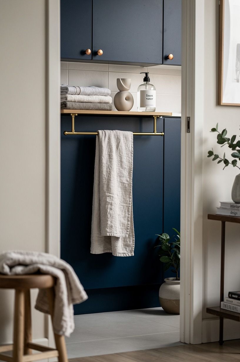 Add a slim brass rail below the shelf