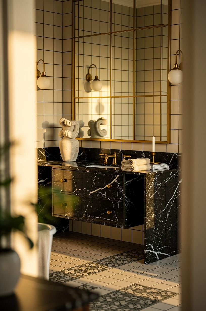 Anchor the room with matte black grout