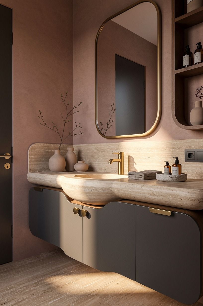 anchor the vanity with brass and warm travertine