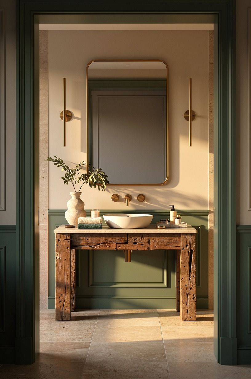 Build the vanity out of a chunky reclaimed-wood console, the Reclaimed Console Move