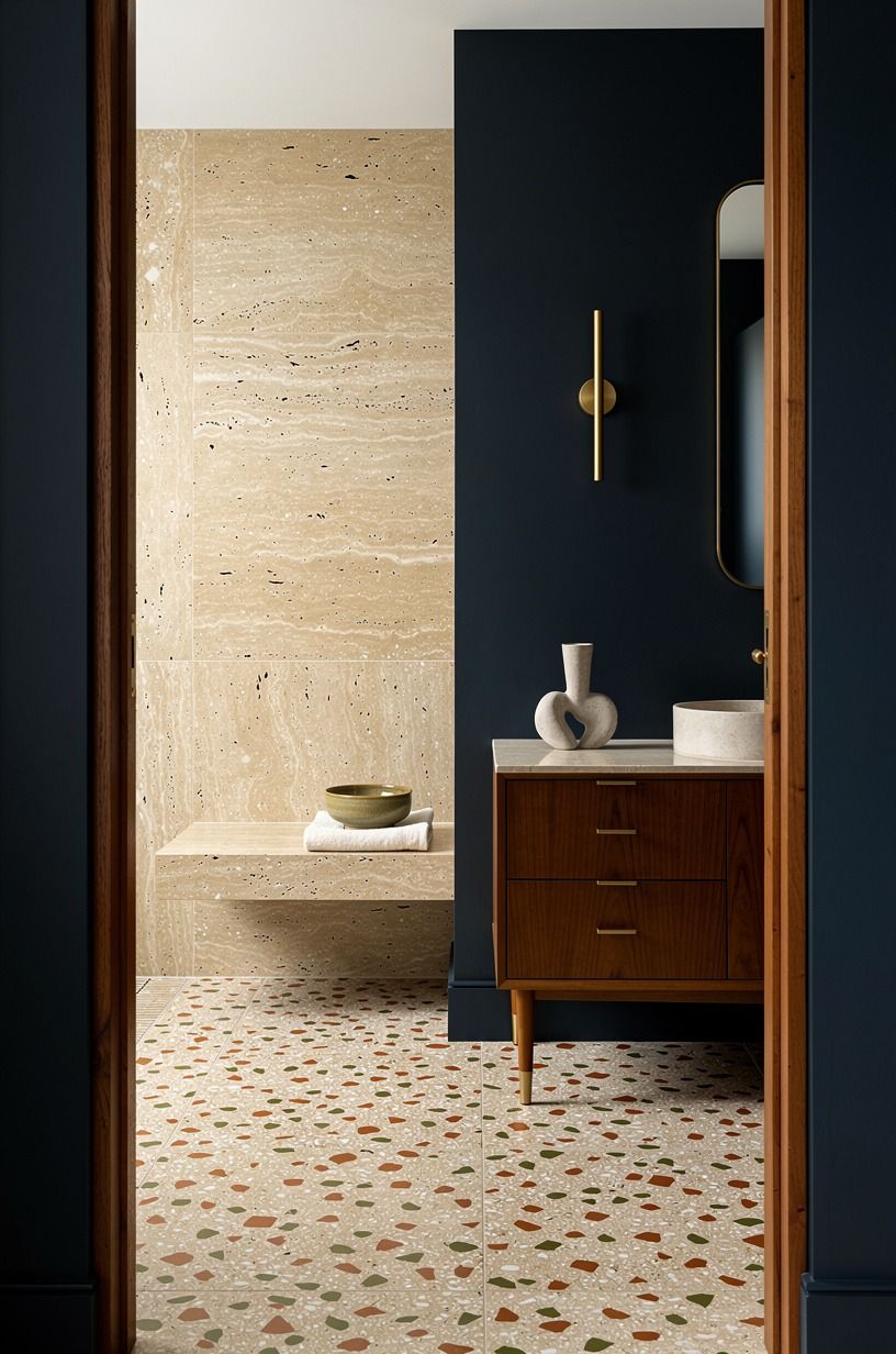 Can a dark blue wall make travertine feel lighter?