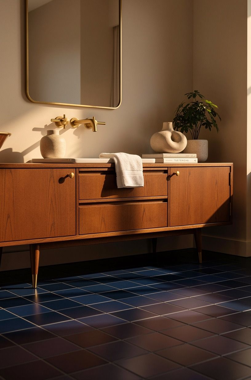 Choose a dusky blue bathroom floor over fake gray wood