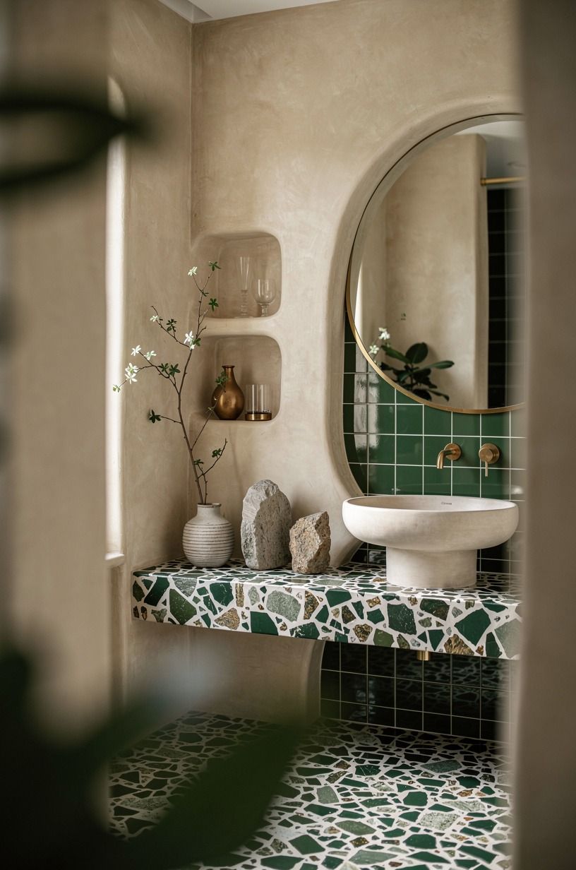 Contrast Soft Plaster Against Glossy Tile