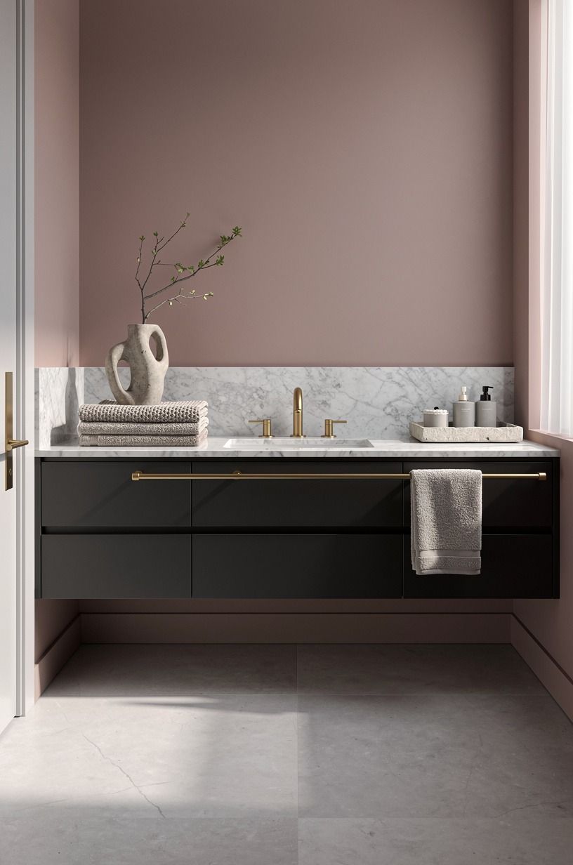 Float a wall-hung vanity over an uninterrupted floor