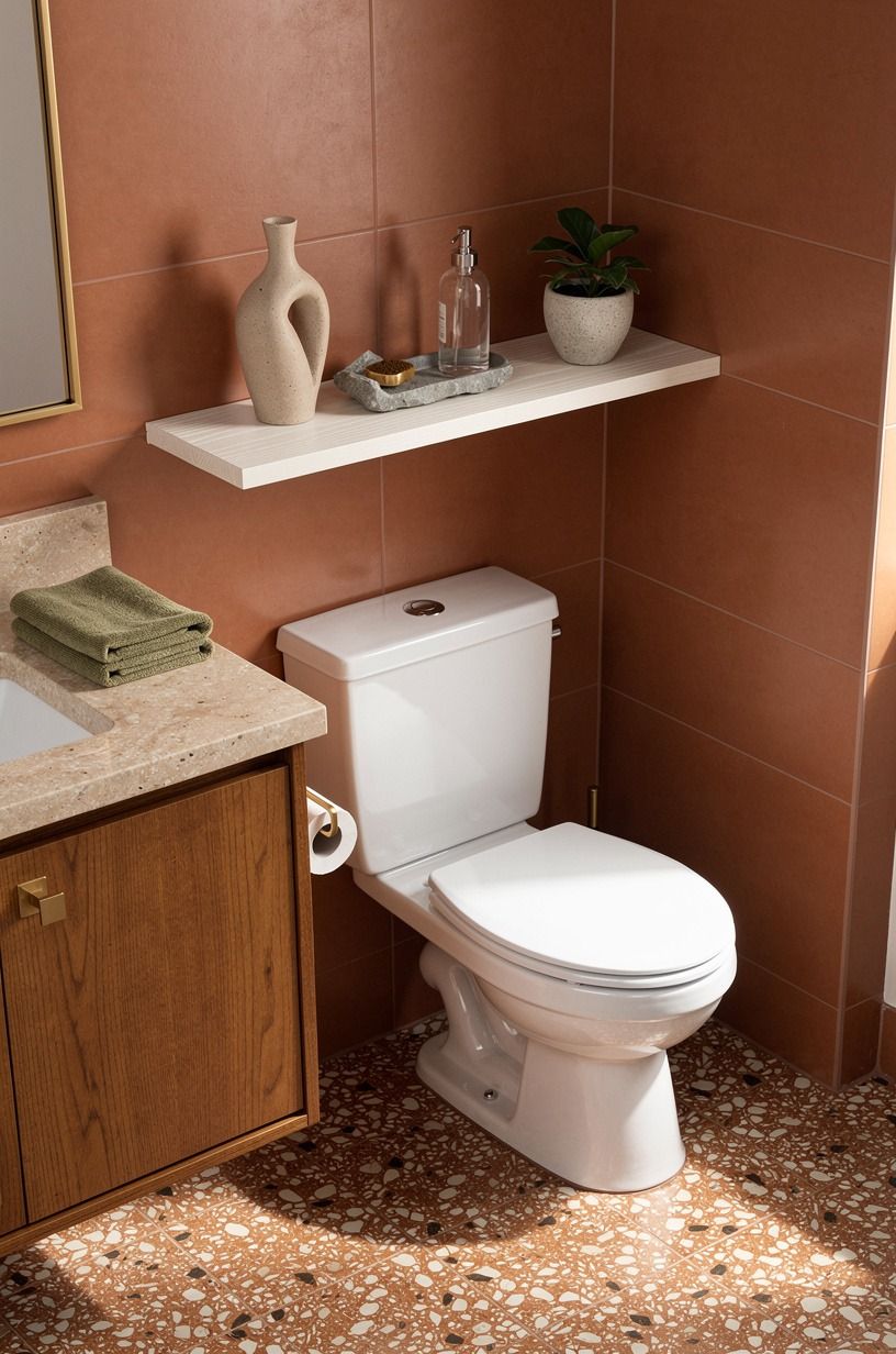 Float a white oak shelf above the toilet
