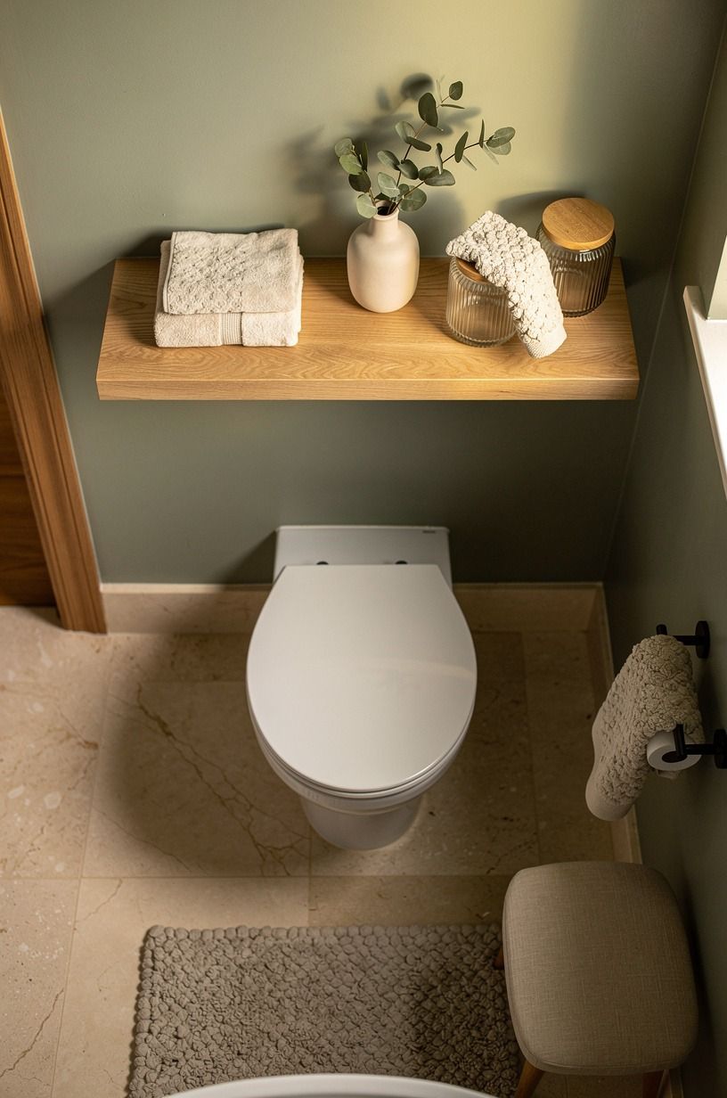 Float a wood shelf over the toilet for warmth