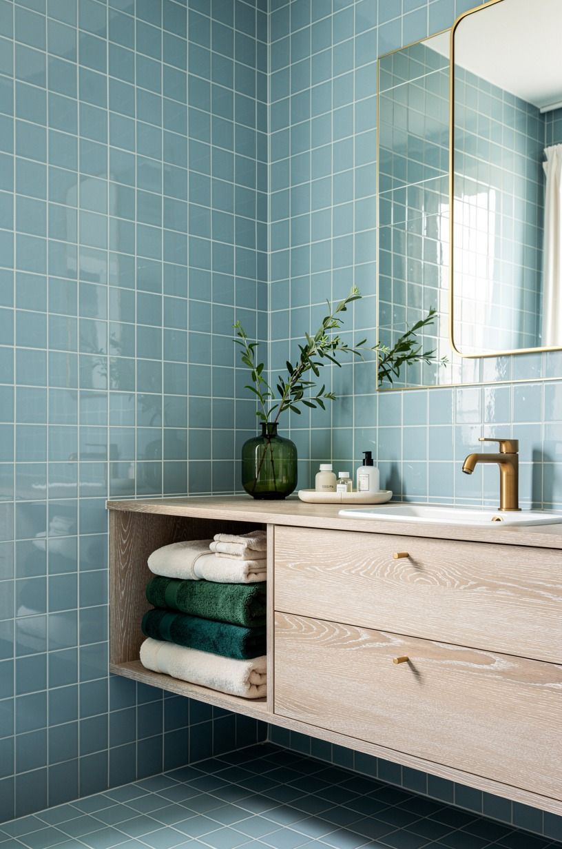 Frame powder blue bathroom tile with a darker grout line