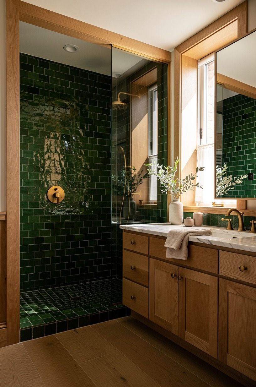 Frame the shower in unlacquered brass instead of chrome