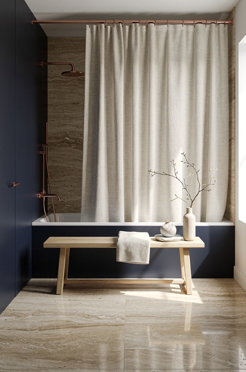 Frame the shower with a linen curtain, not a plastic liner look
