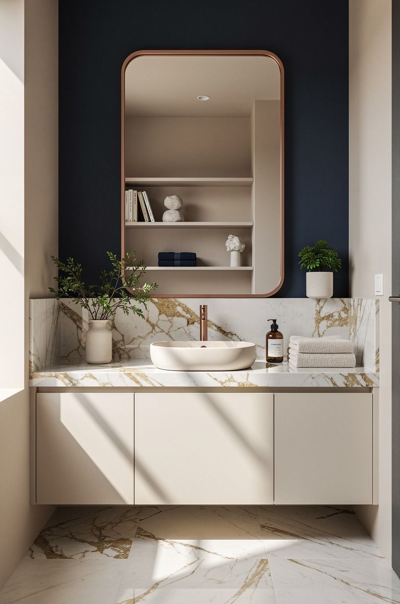 Frame the vanity with a mirror that has weight