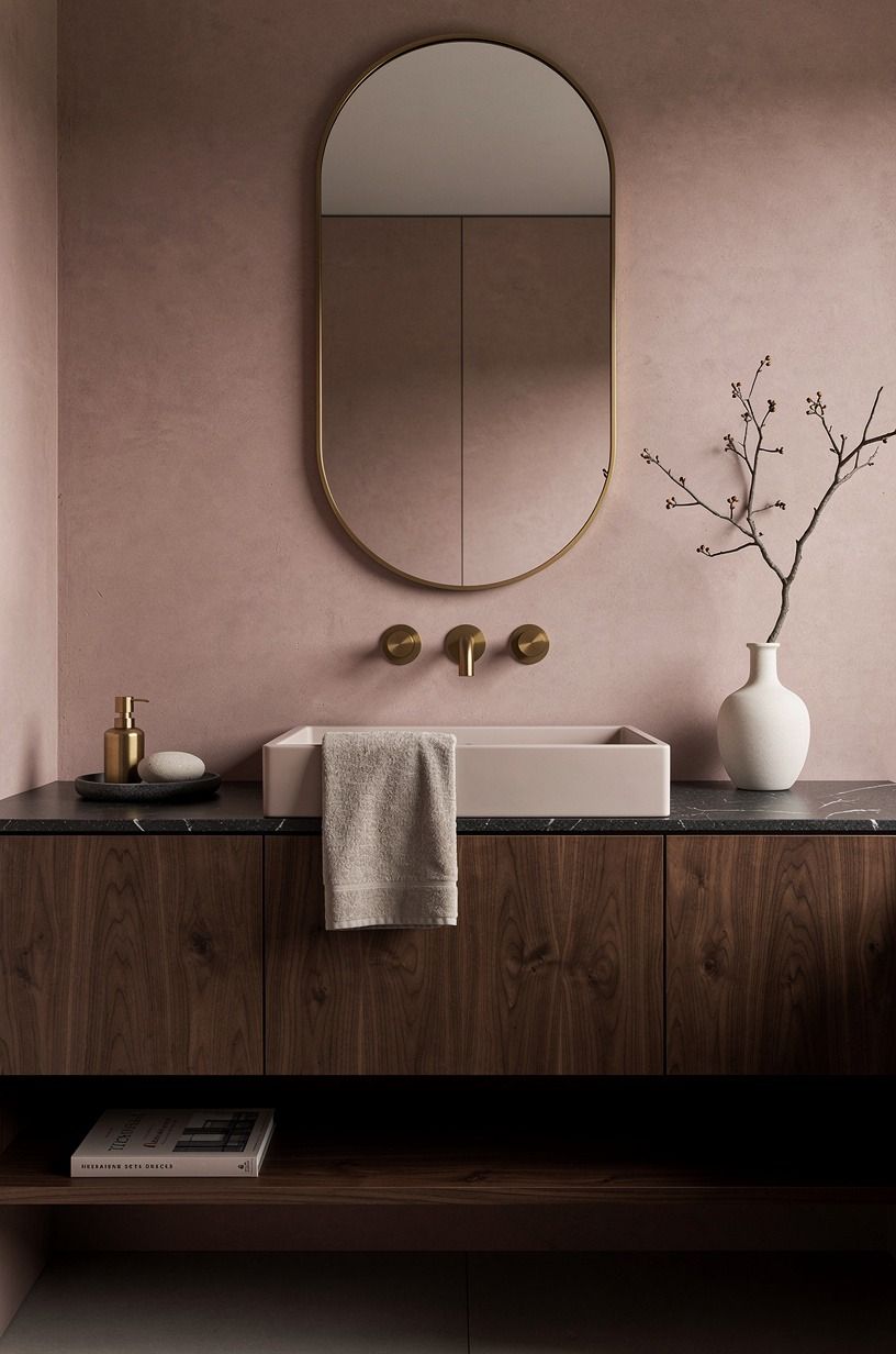 Hang a rounded mirror over a sharp-edged sink