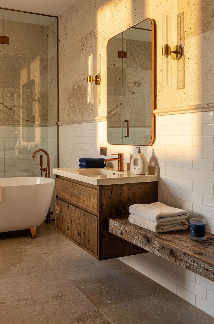 Layer limestone over bright white subway tile