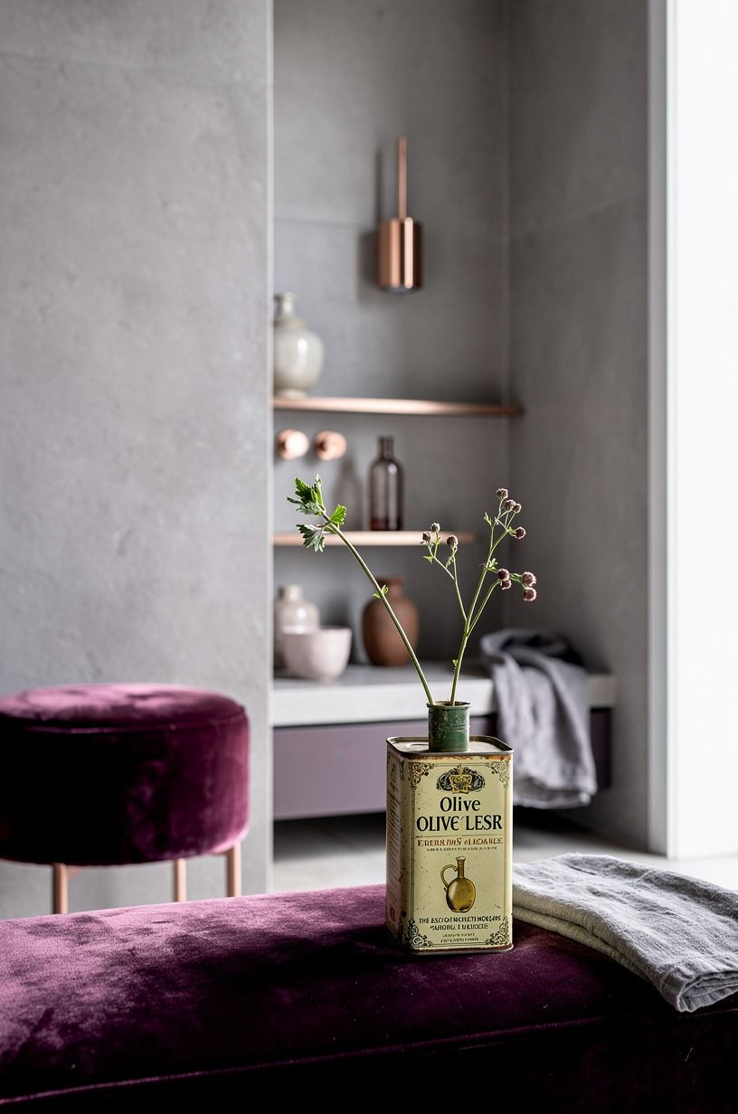 Lean a vintage olive oil tin as a counter vase