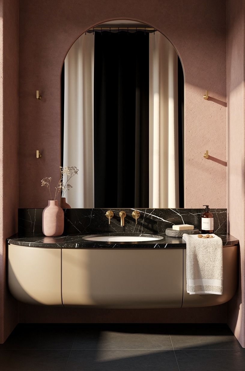 Make a black-and-ivory shower curtain do the heavy lifting