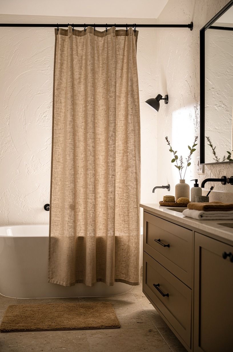 Swap the standard shower curtain for a linen panel on a tension rod