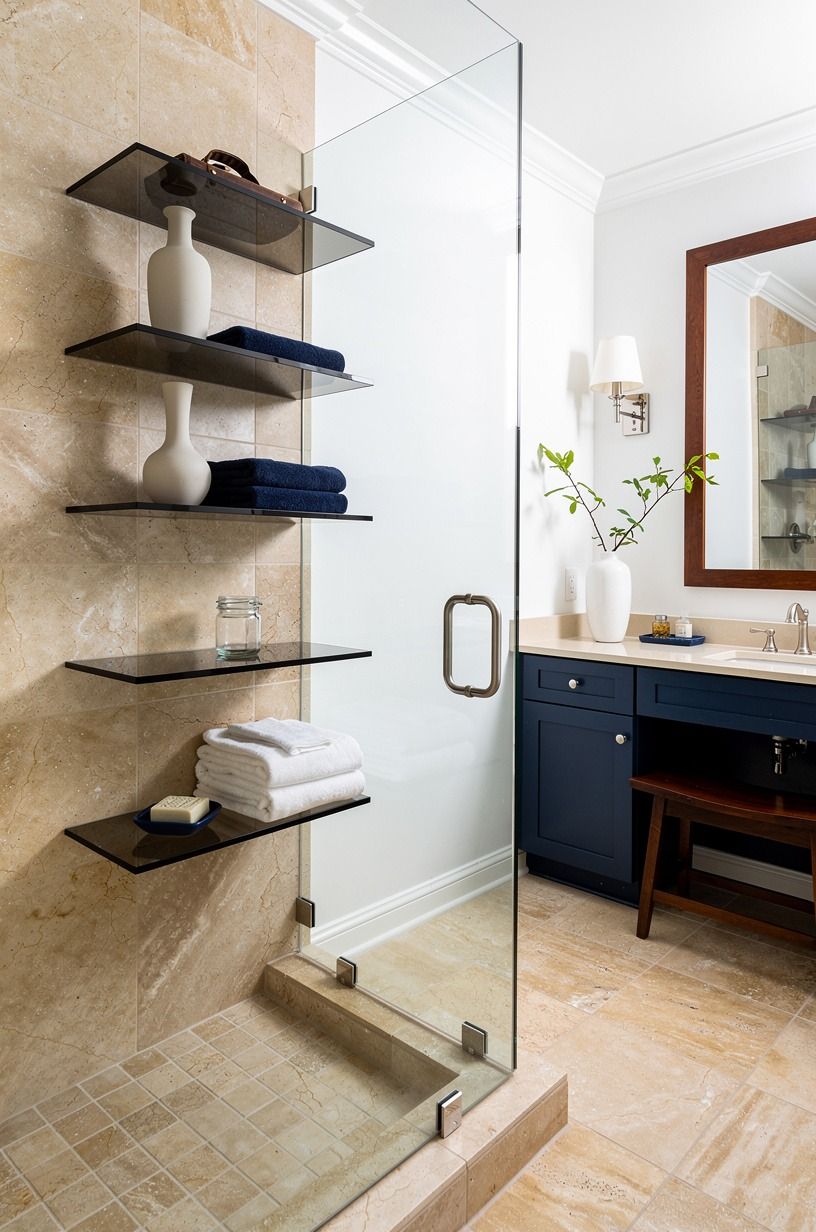 Use smoked glass for shelves in showers floating