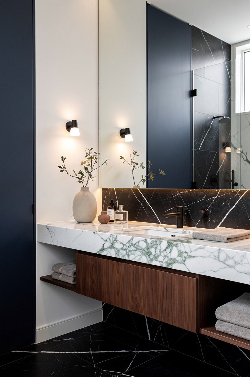 use Nero Marquina marble with white veins on the countertop