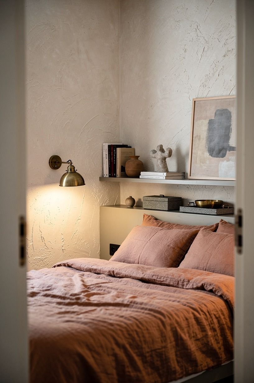 Tuck a narrow shelf above the headboard