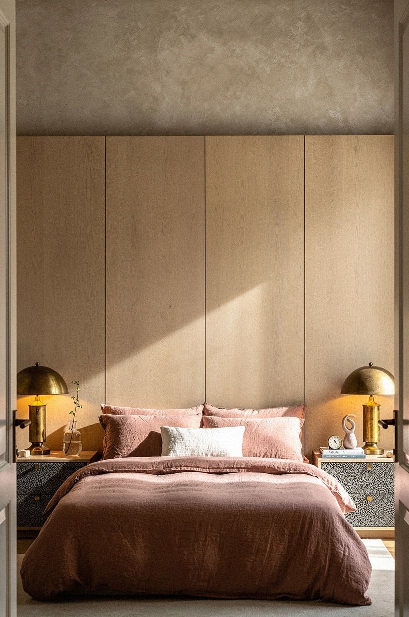 Anchor the bed wall with concealed oak fronts