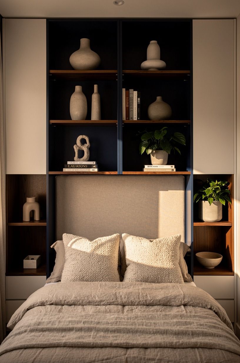 Frame the headboard with storage towers