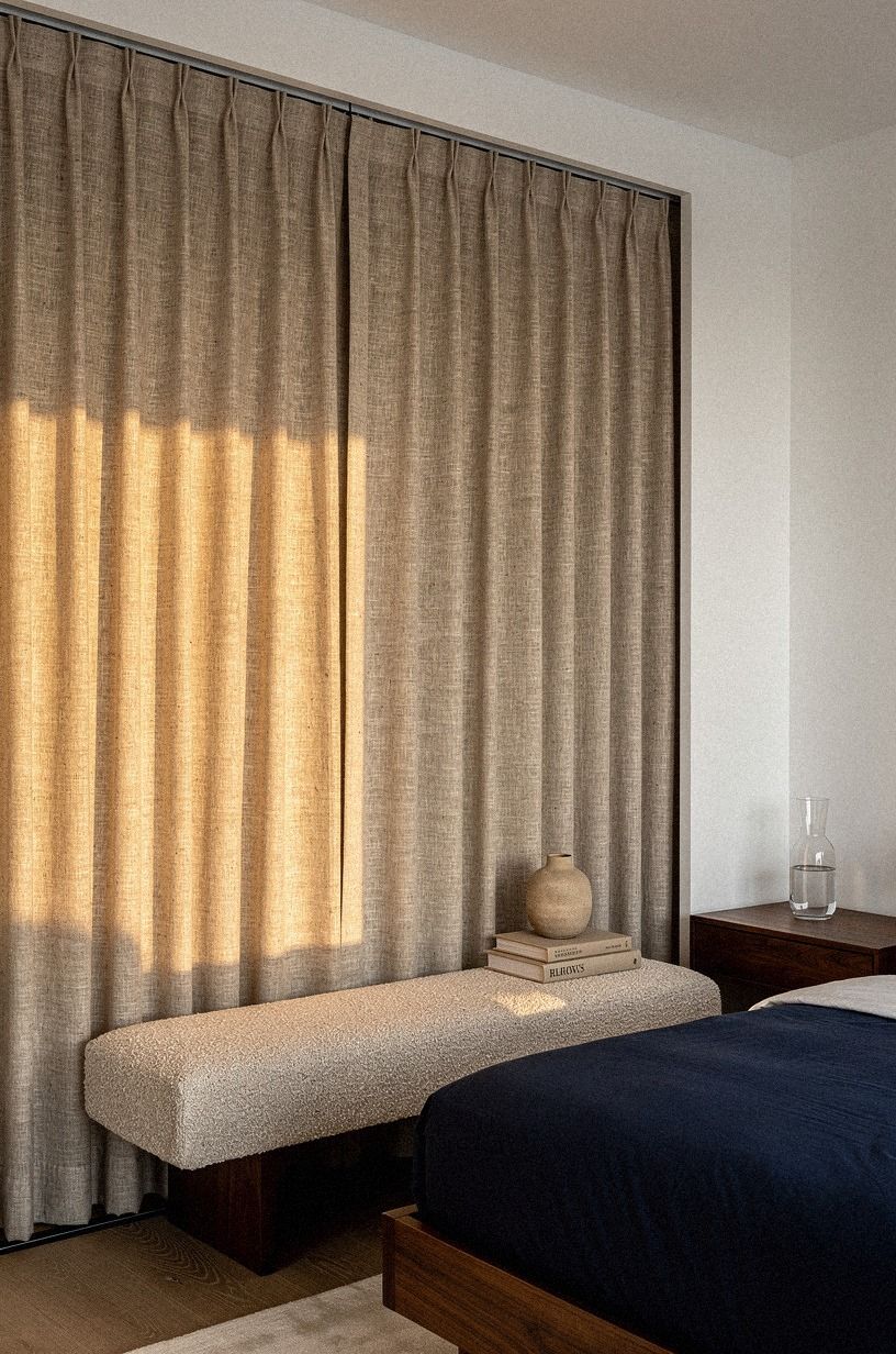 Hang linen curtains over flush wardrobe tracks