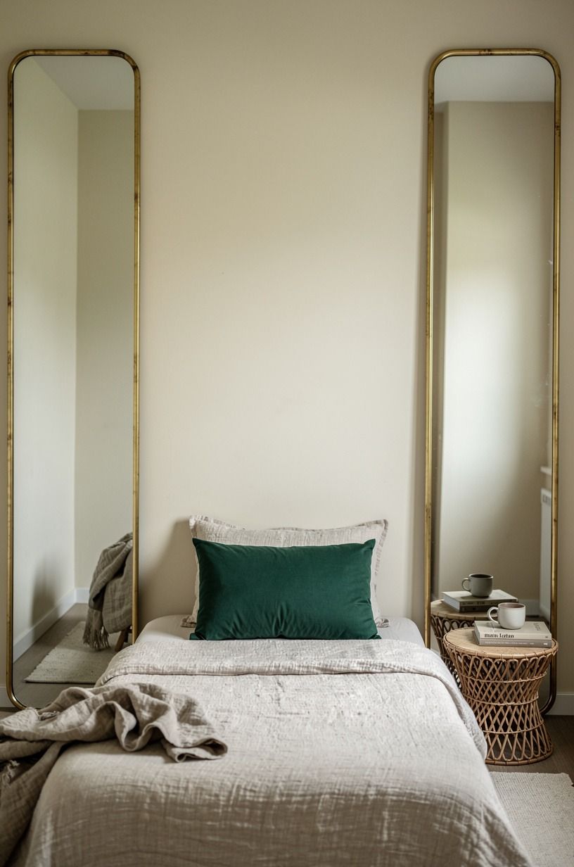 Frame the bed with matching slim mirrors