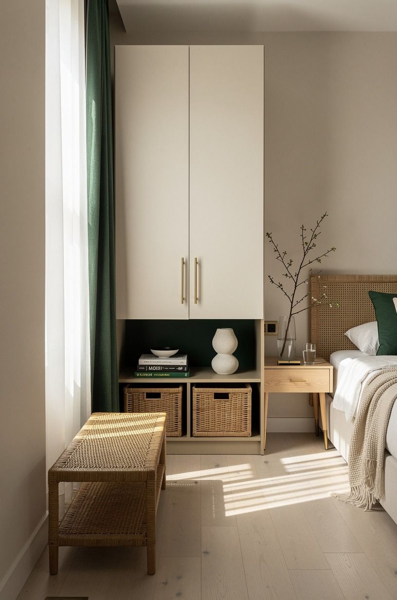 Build a shallow wardrobe along one short wall