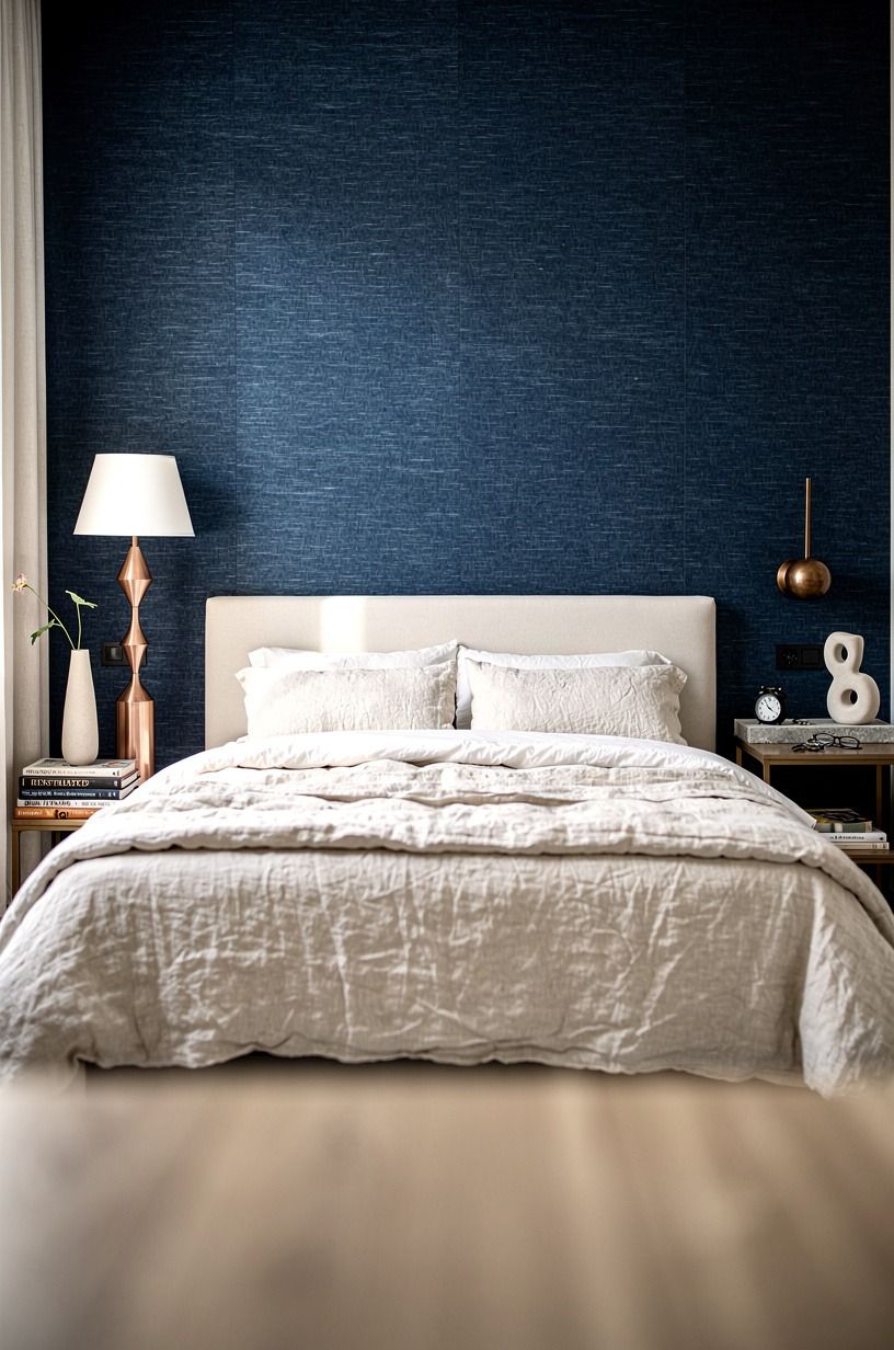 Wrap the headboard wall in grasscloth