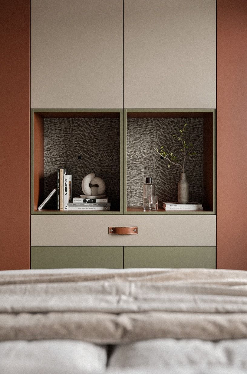 Frame bedside niches inside the hidden wardrobe run