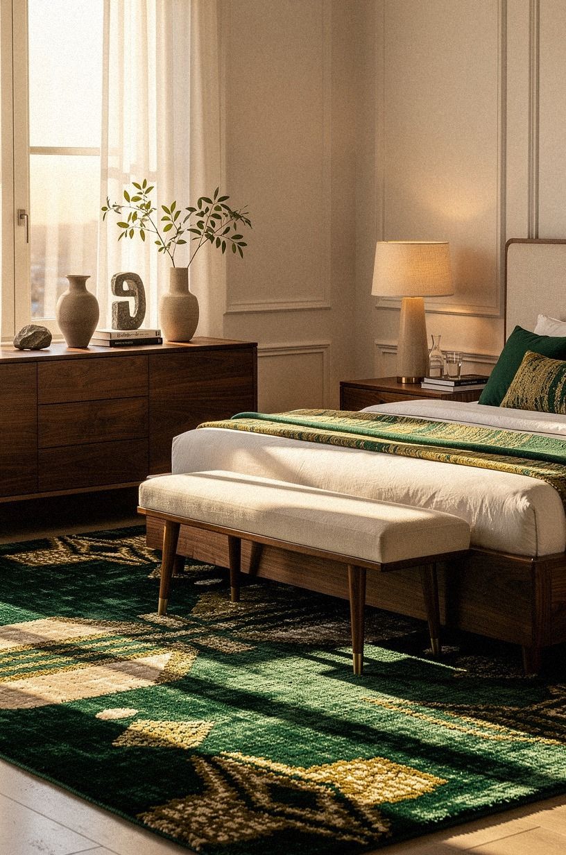 Anchor the room with a 5x7 wool rug instead of going wall-to-wall