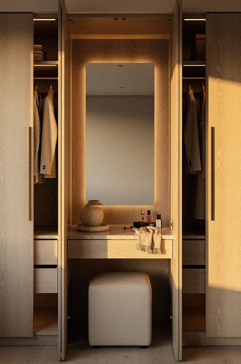 Conceal a vanity niche behind mirrored closet doors