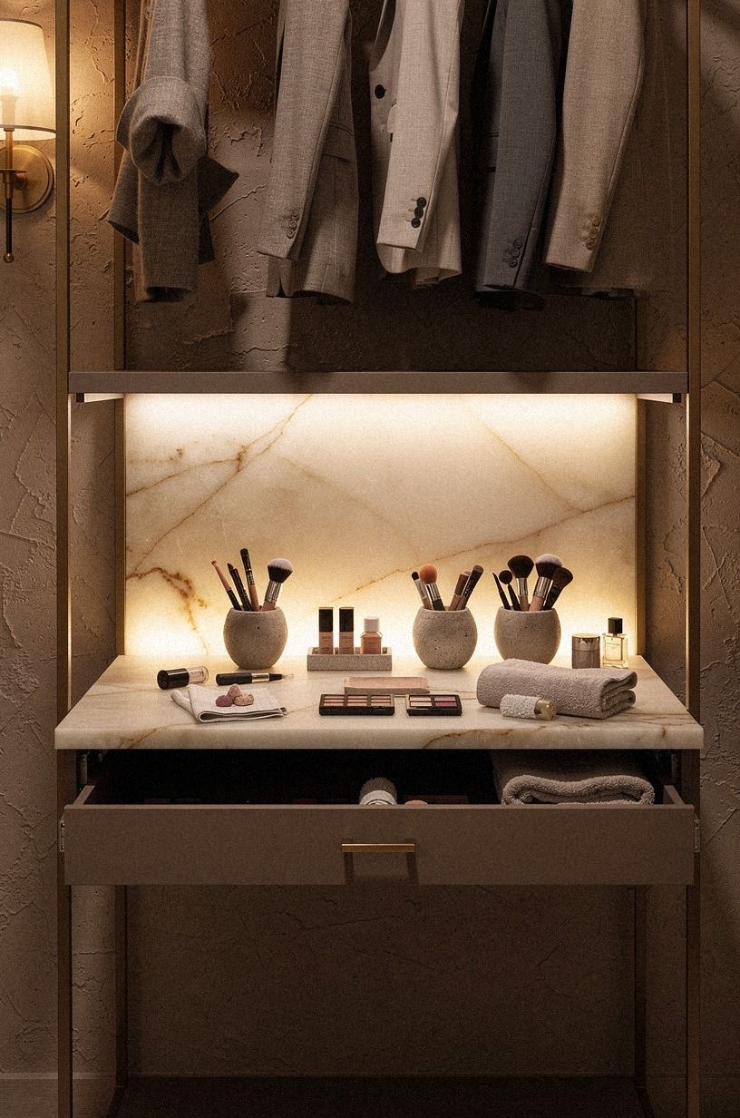 Install a pullout makeup table under hanging rails