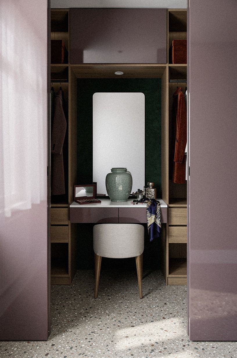 Paint the dressing alcove in smoky mauve lacquer