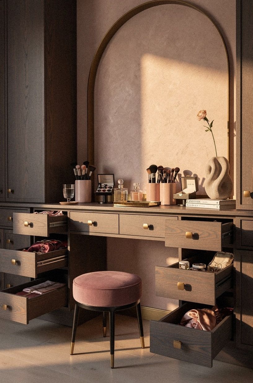 Frame the makeup station with arched closet trim
