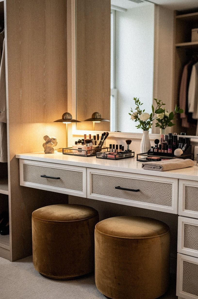 Tuck velvet stools beneath floating drawer banks