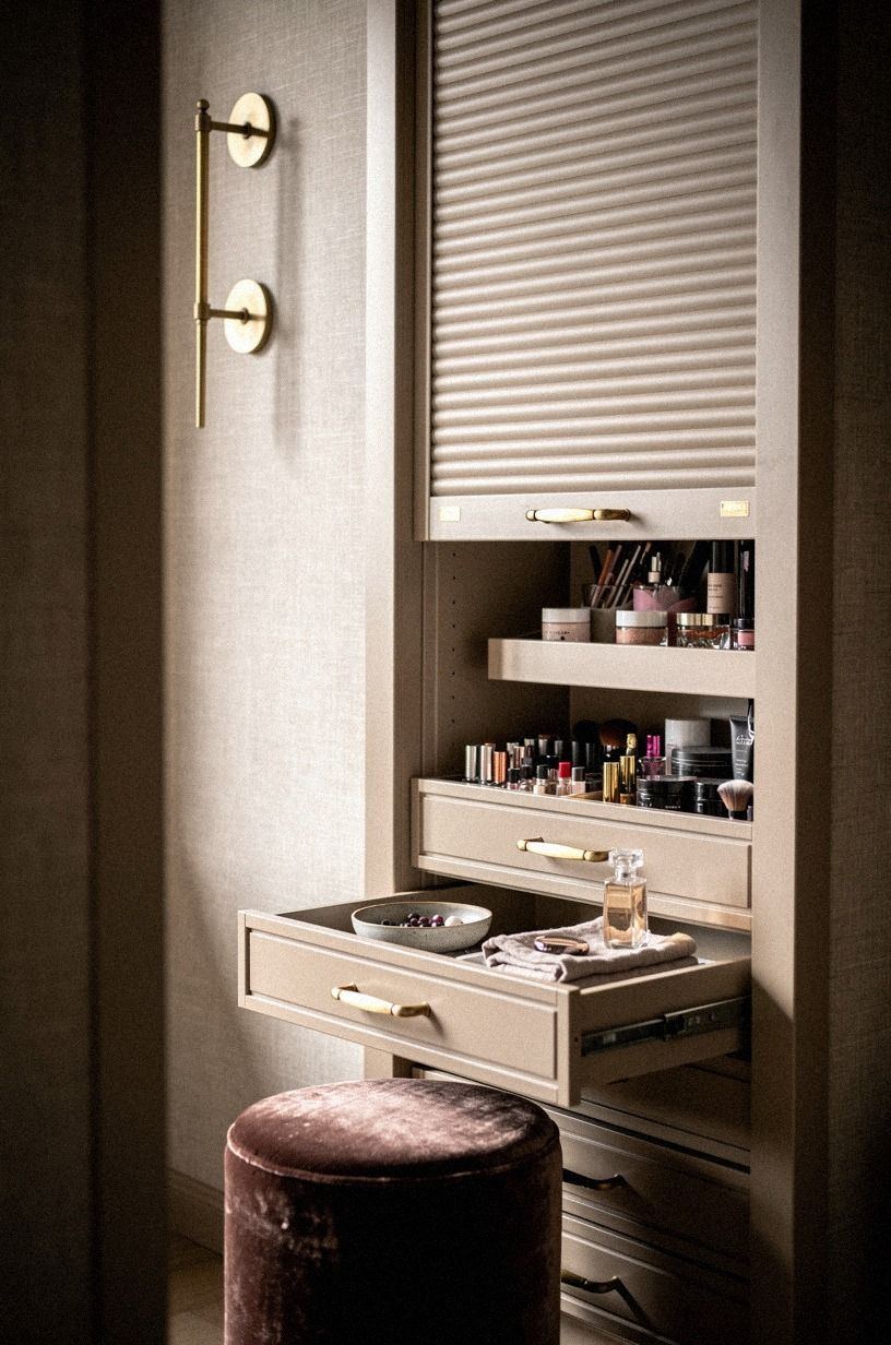 Use tambour doors to reveal makeup drawers