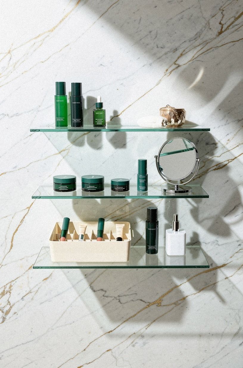Float glass shelves for a boutique vanity wall