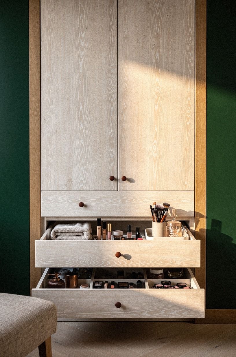 Install toe-kick drawers for beauty overflow