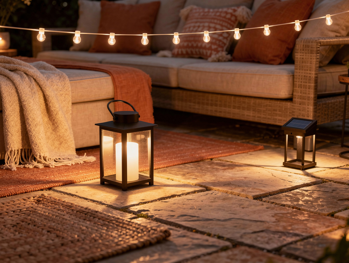 Close-up editorial photo of warm outdoor lighting on a patio, one clean strand o