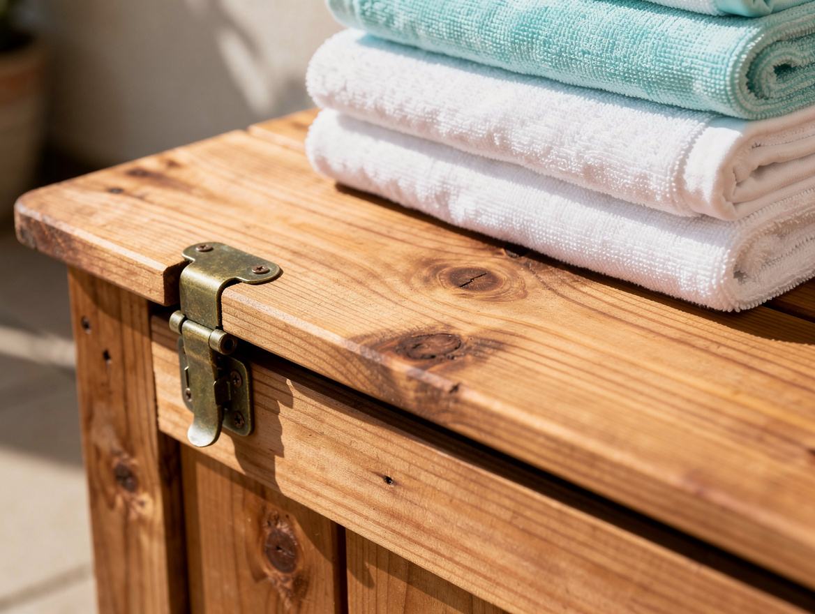 Close-up editorial photo of a cedar storage bench lid with exterior hinges, fold