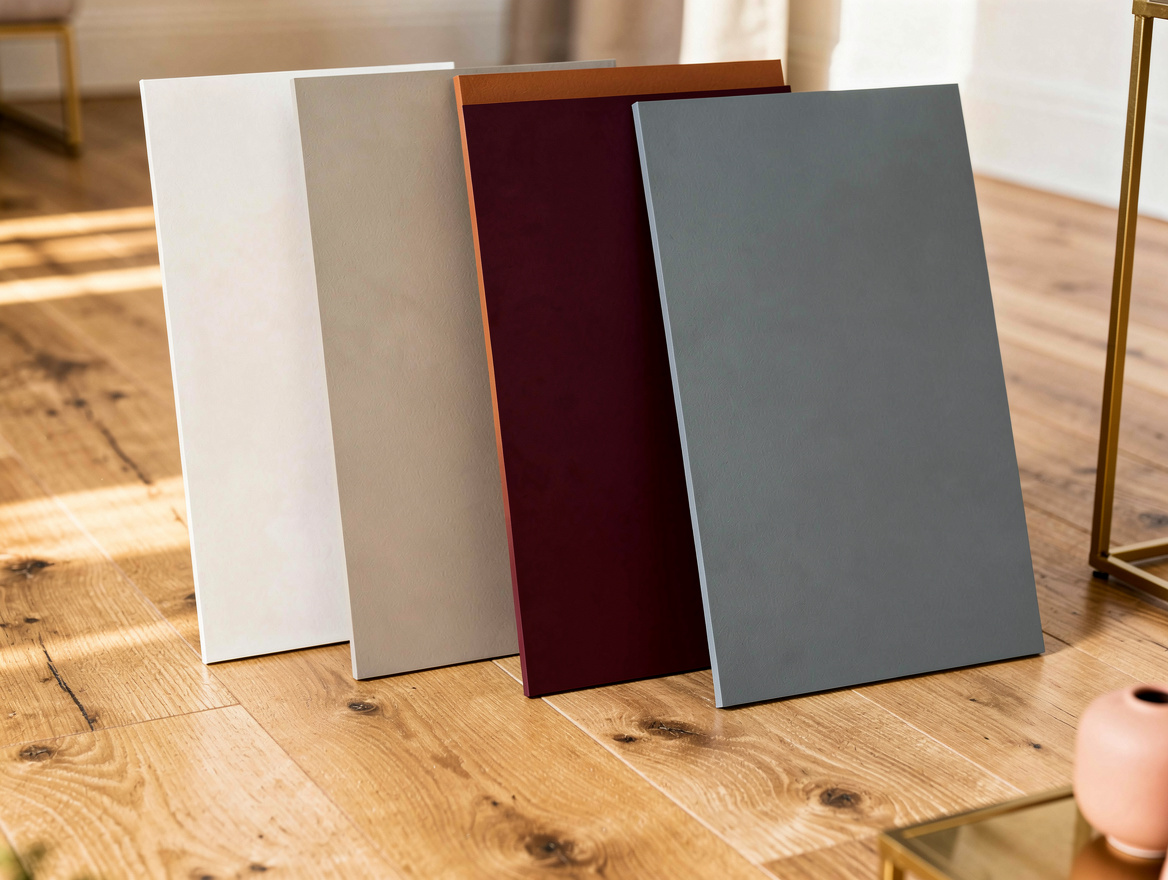 Close-up editorial photo of large paint sample boards in warm white, greige, ter