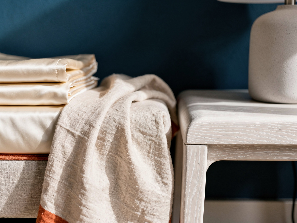 Editorial detail photo of neutral bedroom materials, folded ivory sateen sheets,