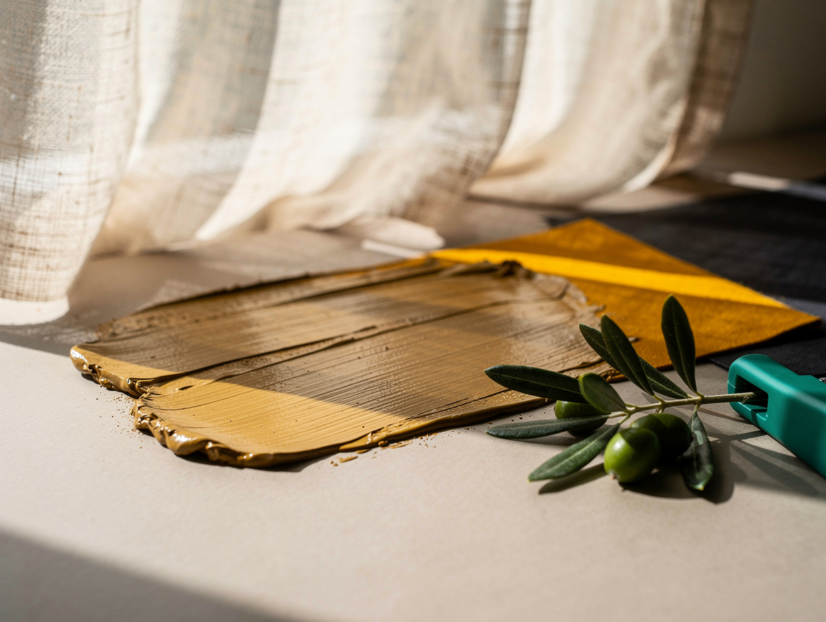 Close-up of a brushed paint swatch in warm khaki next to a sprig of olive, with